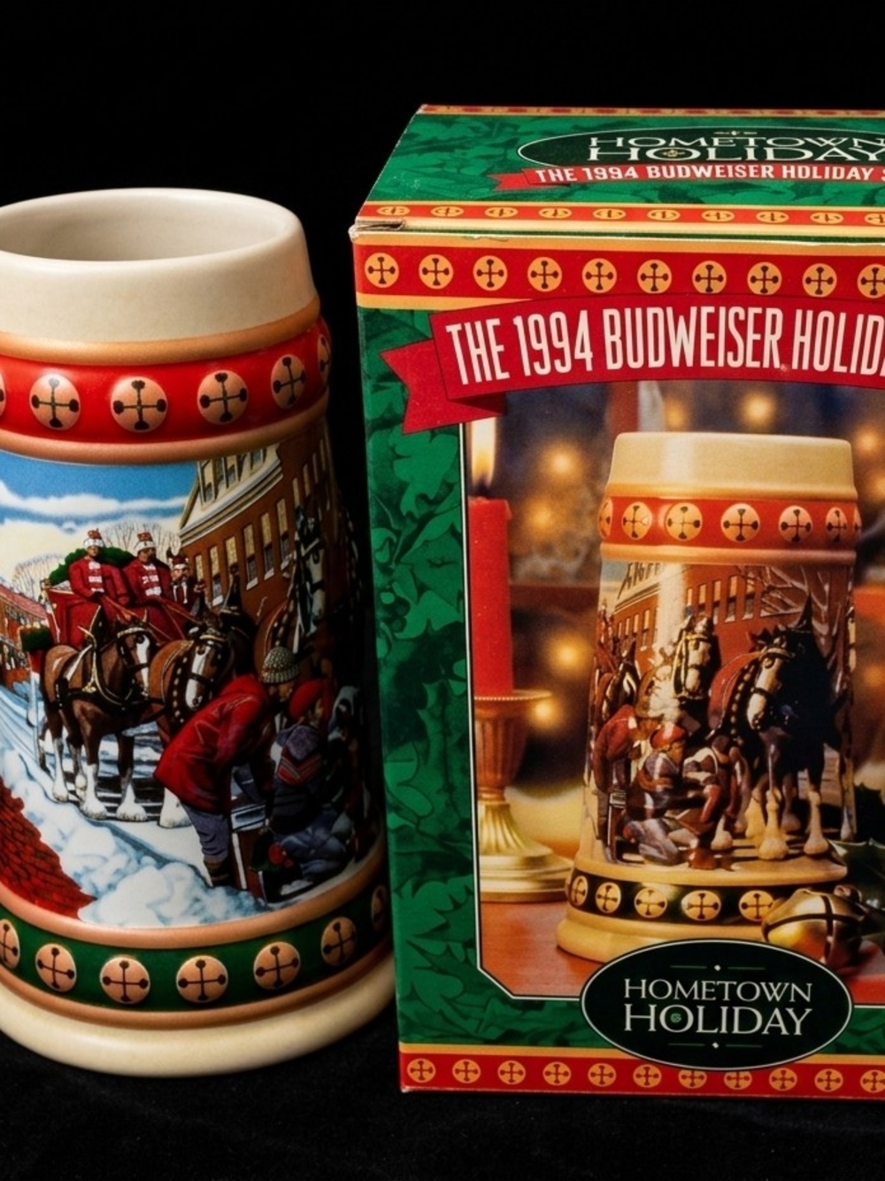Budweiser 1994 Hometown Holiday Ceramic Stein - Red, Green, Cream